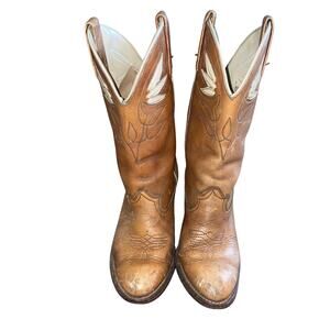 Vintage Acme Distressed Western Cowboy Boots Tan Leather Heeled 5.5M